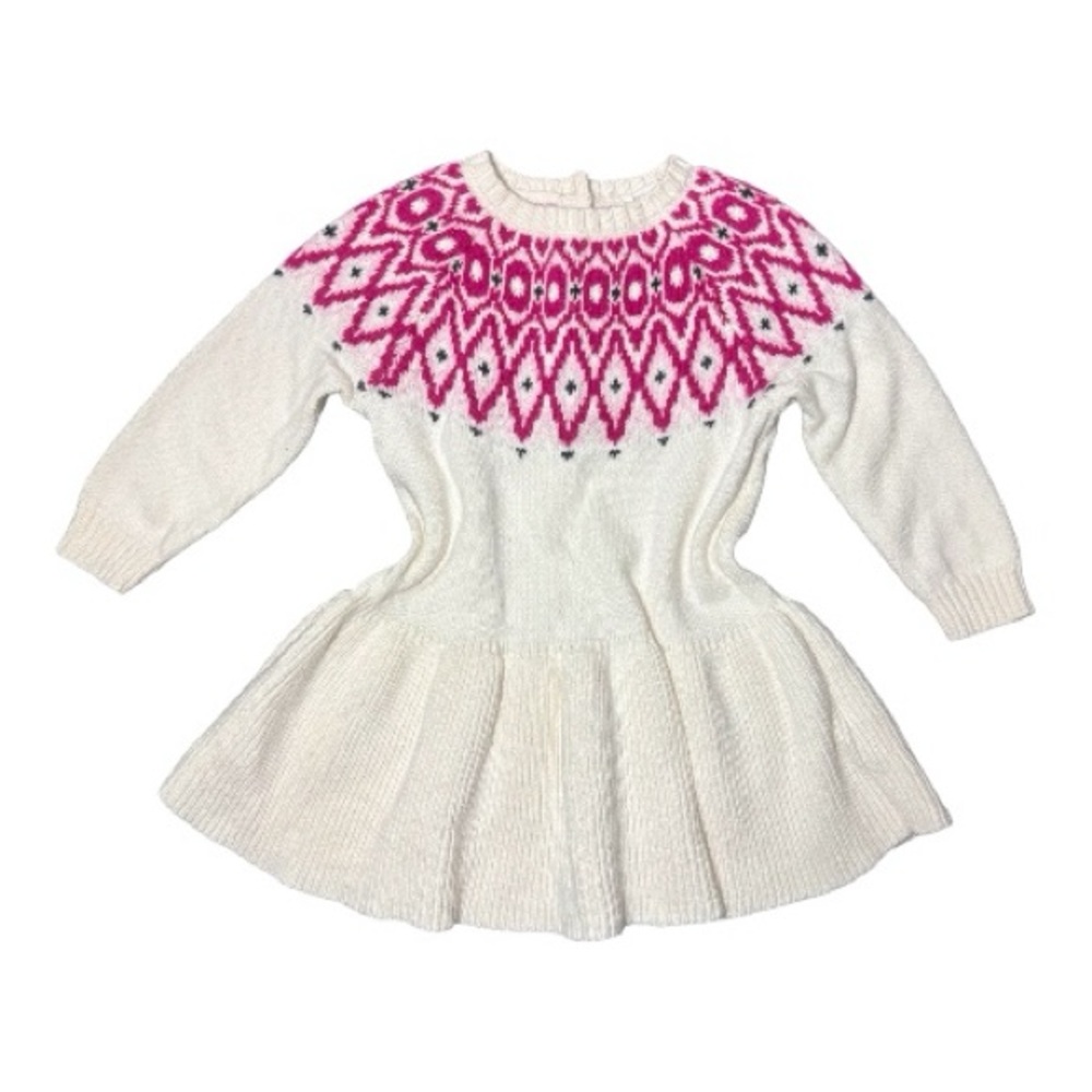 JANIE AND JACK Cream Sweater Dress with Pink Fair Isle Detail